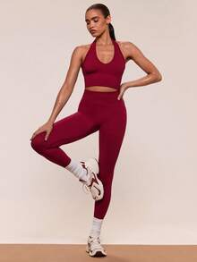 SHEIN BAE Conjunto de ropa deportiva casual de unicolor con top halter sin mangas y pantalones cortos ajustados para mujer - Burdeos - Ver 8