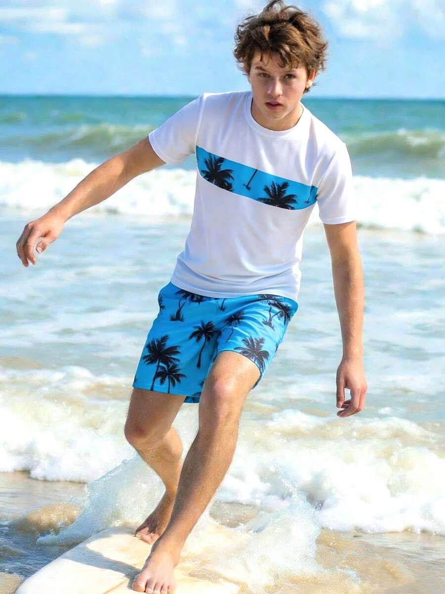 SHEIN 青少年男孩椰子树印花沙滩泳衣套装 - 彩色 - 查看 1