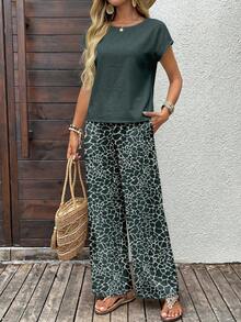 EMERY ROSE 2pcs/Set Women Casual Loose Fit Round Neck Top And Wide Leg Pants, Versatile Outfit For Spring/Autumn Spring - Multicolor - View 3