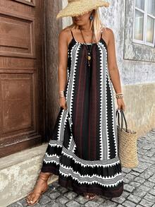 SHEIN Holidaya 大码几何条纹印花无袖喇叭连衣裙 - 彩色 - 查看 5