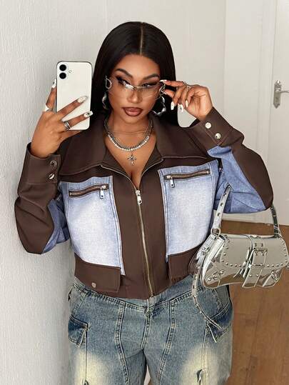 Maweii 棕色牛仔印花拼接休闲通勤日常街头风时尚设计新款宽松高端大码女式外套，春夏秋季款