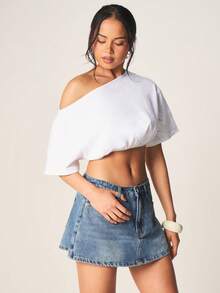 MISSGUIDED 露肩收腰短袖露脐上衣，弹性下摆，休闲纯棉T恤，春夏款 - 白色 - 查看 4