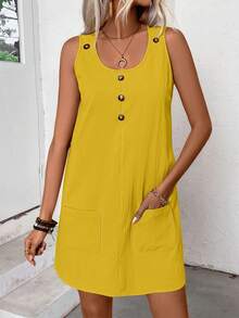 EMERY ROSE Đầm casual không tay cổ chữ U màu trơn có túi, thích hợp mặc hàng ngày. - Màu vàng - Xem 4