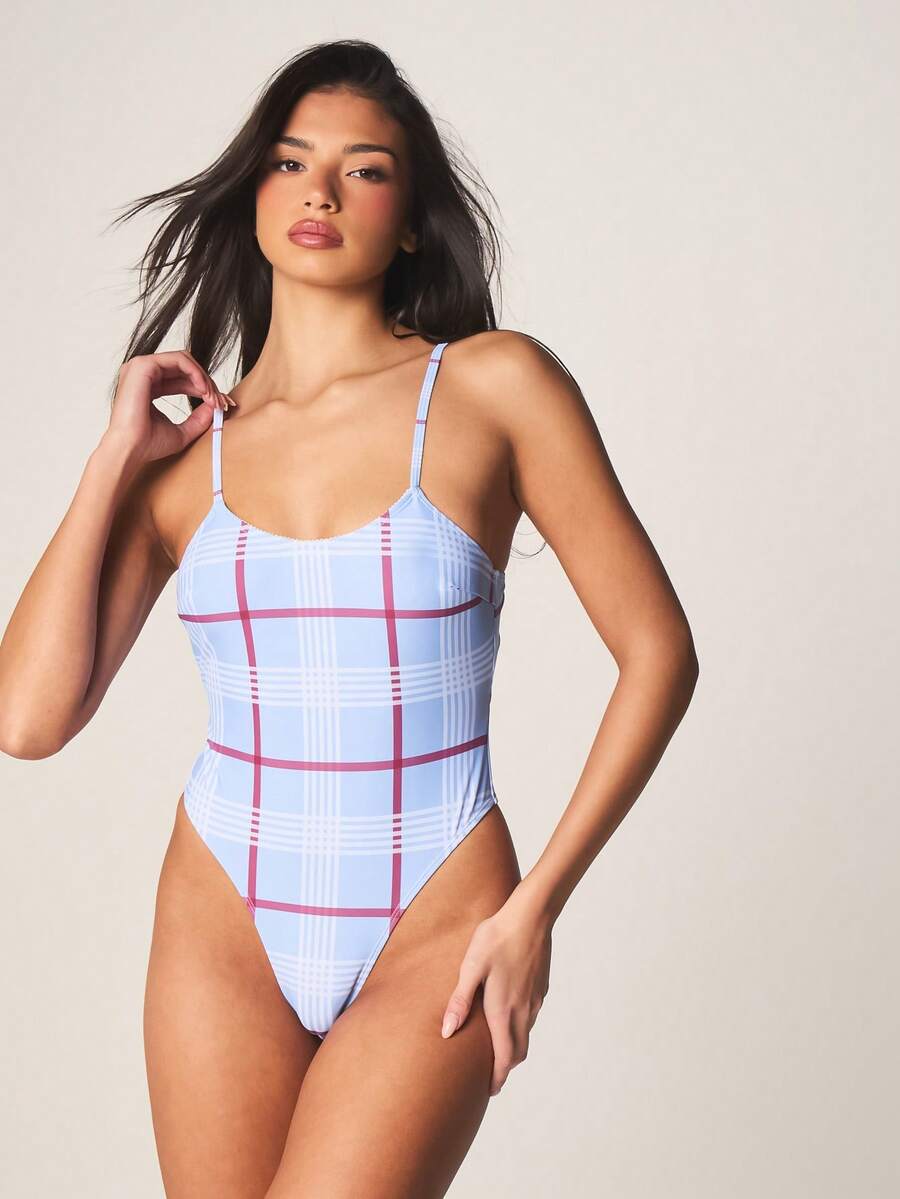 MISSGUIDED Plaid Check Pattern One Piece Swimsuit With Scoop Neckline And Spaghetti Straps Summer Beach Resort Swimwear - Blue - View 1