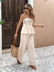 Serisse 女士休闲度假花卉刺绣吊带背心和裤子两件套 - 棕色 - 查看 5