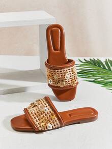 SHUZIA Women Braided Comfort Chic Everyday Beach Vacation PU Raffia Flat Sandals - Maroon - View 5