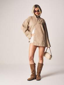 MISSGUIDED Oversized Denim Button Up Jacket With Contrast Collar Vintage Washed Fall Spring Casual Longline Outerwear Coat - Khaki - View 3