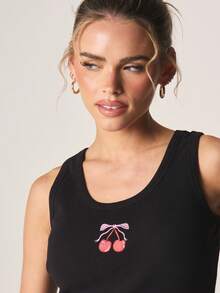 MISSGUIDED Cherry Embroidered Sleeveless Tank Top Vest Ribbed Casual Summer Spring Outfit - Black - View 5