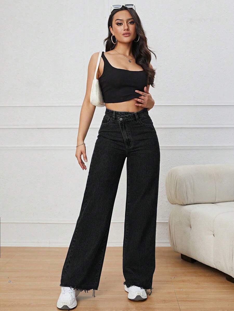 SHEIN PETITE Quần jeans nữ dáng rộng thoải mái, túi xéo, ống rộng, gấu quần rách - màu đen - Xem 1