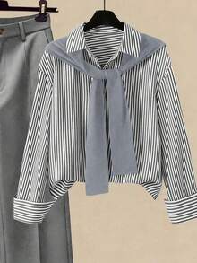 Franclia 2pcs/Set Women's Striped Shawl Collar Shirt And High Waist Wide Leg Pants, Spring/Autumn,Women Dark Grey Casual Striped Long Sleeve Blouse And Long Pants Two-Piece Set With Collar. - Dark Grey - View 4