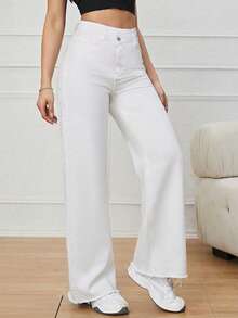 SHEIN PETITE Quần jeans nữ dáng rộng thoải mái, túi xéo, ống rộng, gấu quần rách - trắng - Xem 4