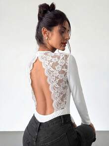 Firerie Áo liền thân dài tay nữ phối ren, cổ chữ V sâu, viền ren, dành cho nữ. - trắng - Xem 2