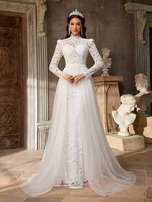 Aureia 极简白色法式刺绣蕾丝网纱拼接，立领长袖，塑身胸衣，A字裙摆，女士婚纱，正式礼服，晚礼服 - 白色 - 查看 1