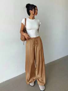 Aloruh Falda larga de satén de color marrón jaspeado de cintura baja, versátil y de estilo retro casual para mujer - Camel - Ver 7