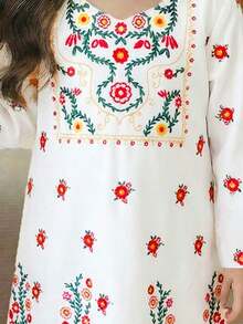 SHEIN Young Girl Floral Print Round Neck Long Sleeve Dress, White Autumn Family Matching Traditional Arabic Dress, Modest Kaftan Young Girls Jalabiya Abaya - Multicolor - View 5