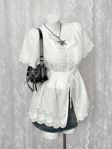 Sunspun Áo kiểu nữ cỡ lớn thêu hoa, thiết kế thắt nút, tay ngắn, thích hợp mặc đi làm. - trắng - Xem 4