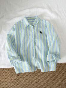 SHEIN Áo sơ mi bé gái - Áo sơ mi dài tay cài cúc kẻ sọc xanh nhạt và vàng thời trang thường ngày cho bé gái tuổi teen, thích hợp cho mùa xuân và mùa thu, 100% cotton, kiểu polo thêu, thoáng khí, mềm mại, lý tưởng cho đi học hàng ngày và những buổi đi chơi thường ngày. - màu xanh lá - Xem 7