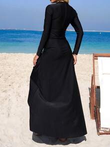 Swim Mulvari 针织假日派对外出海滩新年连衣裙，性感喇叭下摆沙滩裙，纯色搭配黑色金属配饰，冬季圣诞节两件套，无钢圈优雅夏季女士布基尼中东布基尼套装泳装 - 黑色 - 查看 2