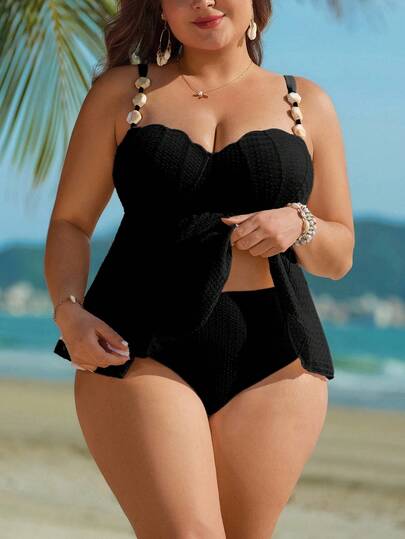 Swim Lushoire 2026 New Plus Size Printed Tankini Swimsuit, Special Fabric With Shell & Stone Decor