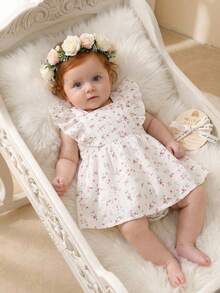 SHEIN 新生女宝宝甜美花朵领公主裙，秋季 - 彩色 - 查看 4