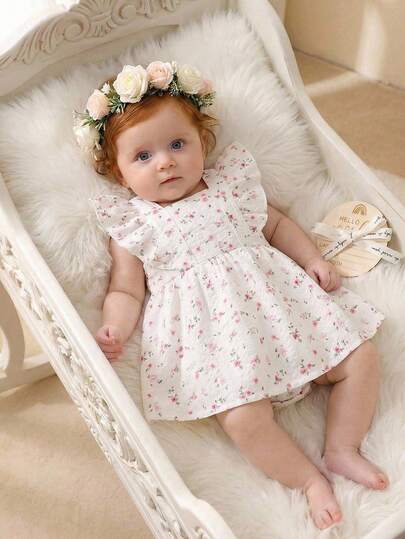 SHEIN 新生女宝宝甜美花朵领公主裙，秋季