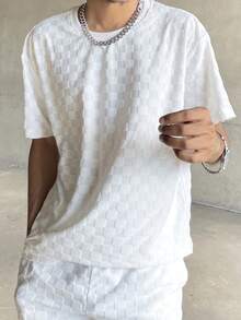 Ngobest Haus Ngobest Haus Ensemble t-shirt ample et short en jacquard de couleur unie d'été pour hommes, tenue confortable - Blanc - Voir 4