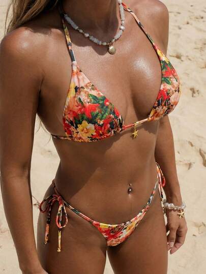 Swim Vcay 新款多色动植物印花、豹纹、斑马纹高腰侧系带双面印花海星装饰浪漫海滩度假比基尼两件套泳衣，女士，春夏款