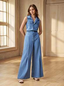 Women's Lapel Button Pleated Casual Everyday Date Outing Sleeveless Denim Jumpsuit - Light Wash - View 6