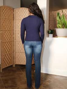 Steph T Áo len cổ bẻ đơn sắc, dáng ôm, thu/đông, áo len nữ tay dài, dáng ôm, màu xanh navy, chất liệu viscose, tay thường, mùa xuân/thu - Màu xanh hải quân - Xem 2