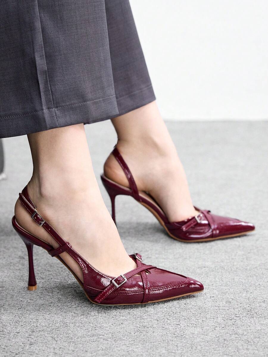 CUCCOO BIZCHIC Giày cao gót mũi nhọn cho nữ, giày bít mũi gợi cảm, thanh lịch, có quai buộc cổ chân, thích hợp cho các bữa tiệc và câu lạc bộ. - Màu Đỏ Sâu - Xem 1