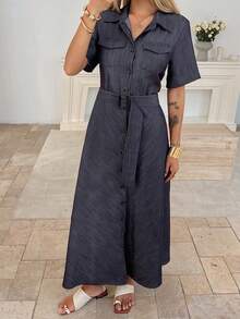 DAZY Collared Long Sleeve Cinched Waist Casual Mid-Length Dress For Women - Navy Blue - View 5