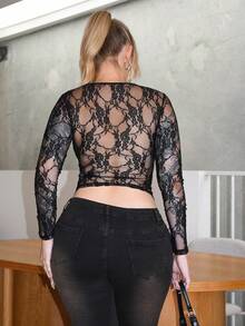 Arliah Women's Summer Lace Panel Mesh Fashion Sexy T-Shirt - Black - View 2