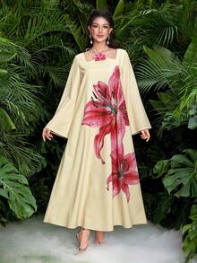 Yasmyna Women's Yellow Woven Placement Print Long Sleeve Halter Neck Floral Elegant Romantic Turkish & Arabic Traditional Maxi Dress, Spring/Summer - Yellow - View 4