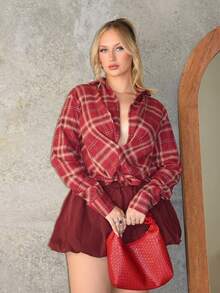 Arliah 前部扭纹低领长袖格子衬衫 - 酒紅色 - 查看 2