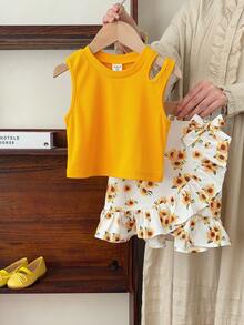 Emery Rose Kids Emery Rose Kids Conjunto de top sin espalda de cuello redondo de unicolor y minifalda con volantes con estampado de girasol para niña - Amarillo - Ver 4