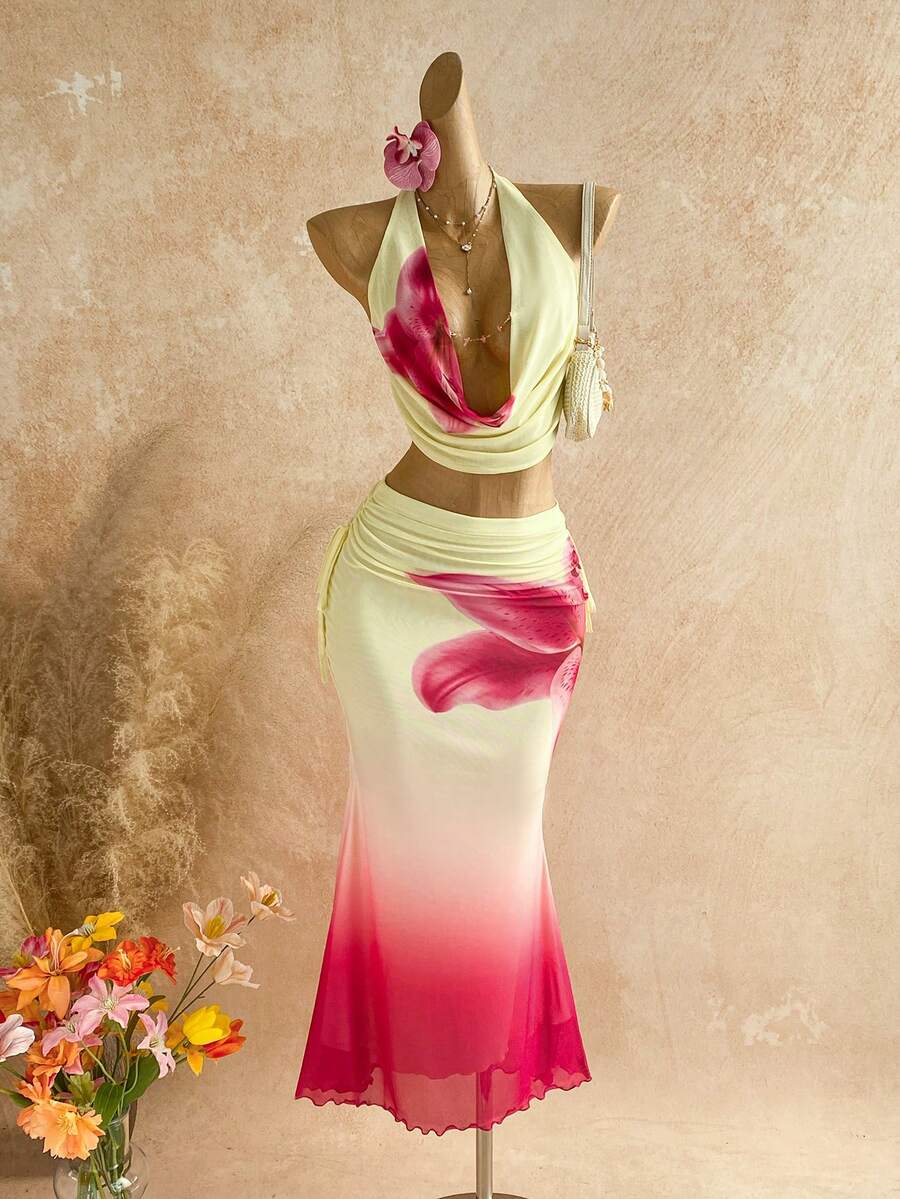 Soleia 2pcs/Set Women Floral Print Halter Neck Pleated Top And Pleated Skirt - Multicolor - View 1