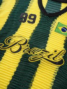 ROMWE MEN Prep Men's Casual Hollow-Out Knitted Letter Embroidery Short Sleeve Top, Summer - Green - View 5