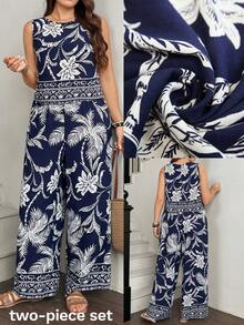SHEIN LUNE Conjunto informal de top y pantalones de talla grande - Azul Marino - Ver 1