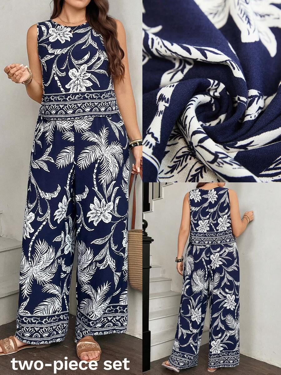 SHEIN LUNE Conjunto informal de top y pantalones de talla grande - Azul Marino - Ver 1
