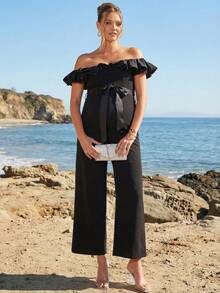 Loomaby Maternity Black And White Elegant Patchwork Ruffle Off Shoulder Wide Leg Jumpsuit,Summer Gender Reveal Baby Shower Dress,Spring Break Outfits Women - Black - View 10