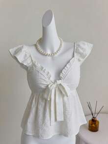 Elamini Women's White V-Neck Frill Tie Waist Bow Flutter Sleeve Blouse, Sexy & Sweet European Style For Beach Vacation - White - View 4