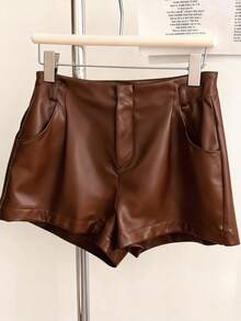 Airaco Quần short da PU nữ thời trang thường ngày có túi, thích hợp cho mùa hè. - màu nâu - Xem 5
