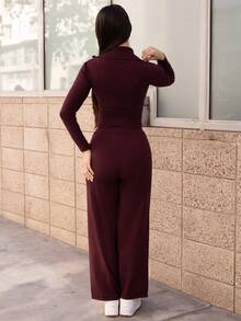 Andrea Bello Women's Burgundy Zip-Up Cardigan And Knit Pants Casual Sweater 2 Pieces Set, Sweater Set, Autumn/Winter, Winter,Fall,Fall Clothes For Women - Burgundy - View 2