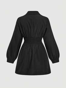 SHEIN MOD 大码女式黑色长袖连衣裙，商务女装，复古风，秋冬款，办公室工作装，黑色衬衫裙，黑色连衣裙，迷你裙，女士黑色连衣裙，女士黑色套装，黑色演唱会服装，女士黑色连衣裙套装，衬衫裙，约会连衣裙，黑色涤纶裹身连衣裙，长袖V领腰带，纯色，简洁风格，柔软面料，修身版型，适合春夏秋季日常穿着，办公室女装 - 黑色 - 查看 3