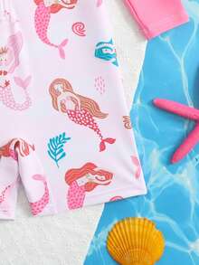 女婴/女童新款长袖连体泳衣，随机印花 - 粉色 - 查看 4