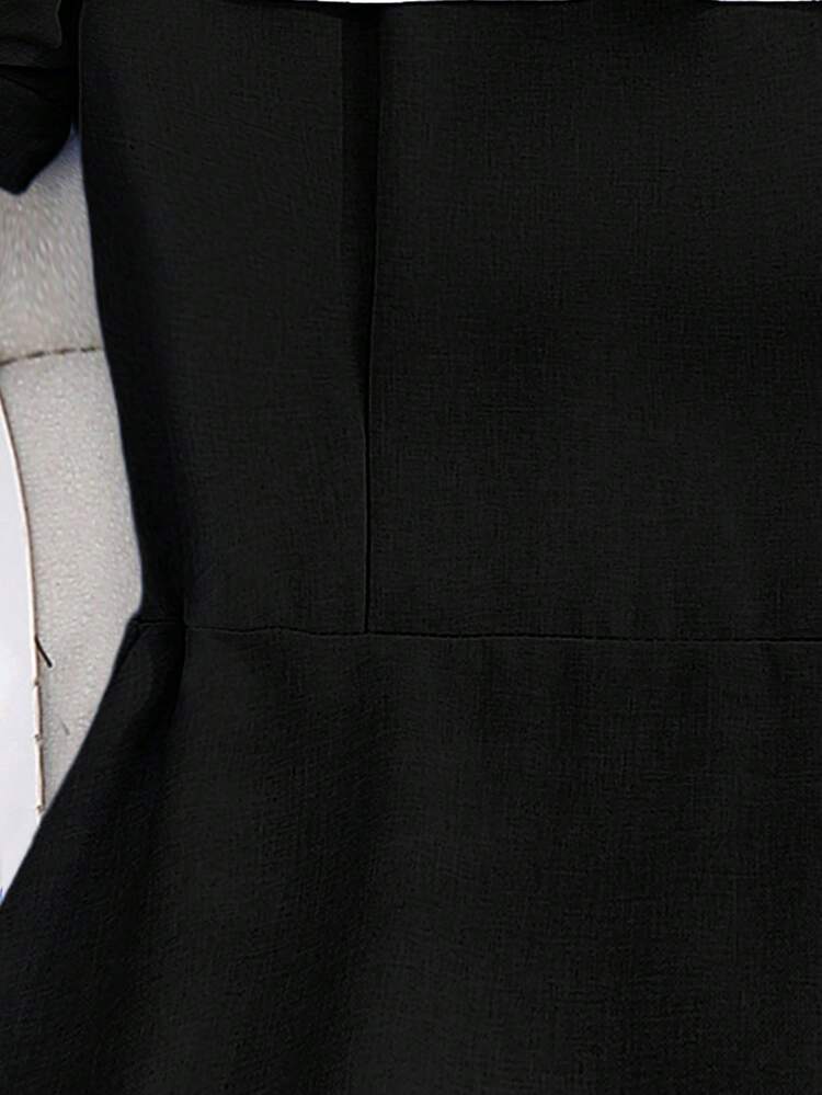 Elladie kids 少女可爱翻领白色连衣裙，黑色蝴蝶结装饰，休闲灰色连衣裙 - 黑色 - 查看 4