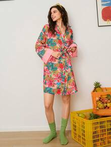 Chillnights Bata de mujer de manga larga con contraste de estampado tropical y de leopardo - Multicolor - Ver 1