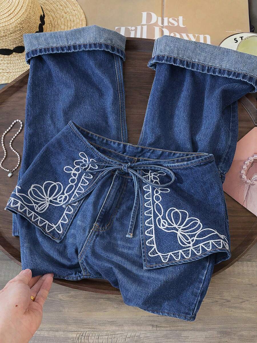 GlowEve Women's Floral Embroidery Knot Design Casual Versatile Daily Wear Denim Jeans - Blue - View 1