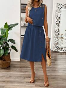 EMERY ROSE Women's Casual Button Decor Tank Top And Skirt 2 Pieces Set, Summer - Navy Blue - View 5