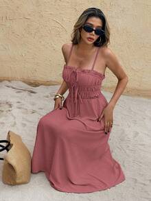 SHEIN Frenchy 女士纯色吊带无袖系腰带口袋中长连衣裙 - 藕粉色 - 查看 6